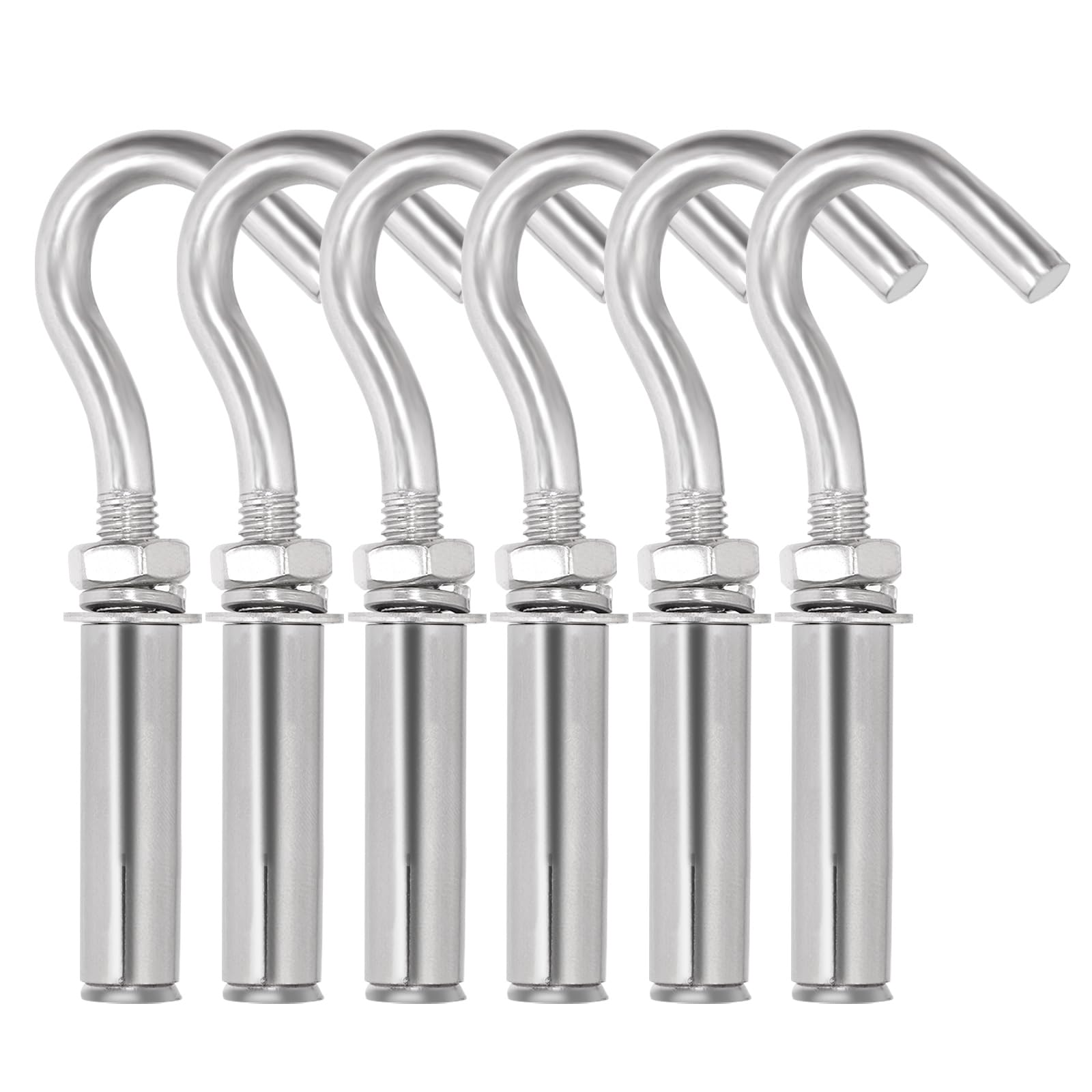 Swpeet 6Pcs M12 Stainless Steel Open Cup Hook Expansion Screws Bolts, Heavy Duty Concrete Wall Hook Anchors, Expansion Hook, Ceiling Hook Bolts, Metal Wall Hangers for Concrete Wall