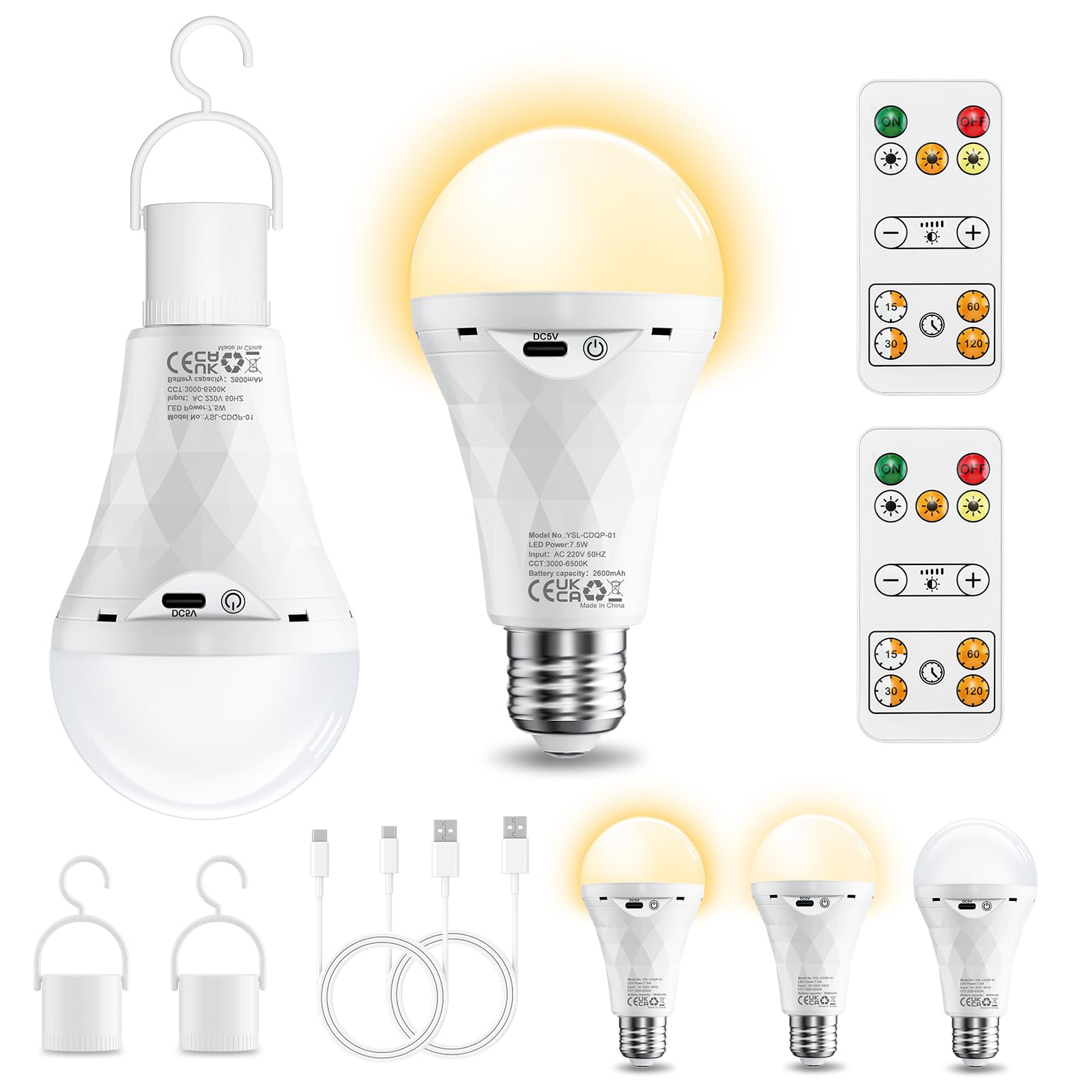 E27 LED Akku Glühbirne mit Fernbedienung 2Stück, Dimmbar Outdoor Lampe (3000K/4000K/6500K), 2600mAh Camping Lampen, Timer Leuchtmittel Sockel&USB Aufladbare Dual-Purpose Für Tischlampe/Camping