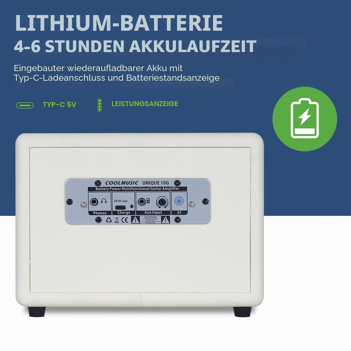 COOLMUSIC Einzigartiger 10G 10W Kabelloser Wiederaufladbarer E-Gitarrenverstärker mit Bluetooth 5.0, Verzerrungseffekte, Tragbarer Übungsverstärker für Zuhause und Musikparty