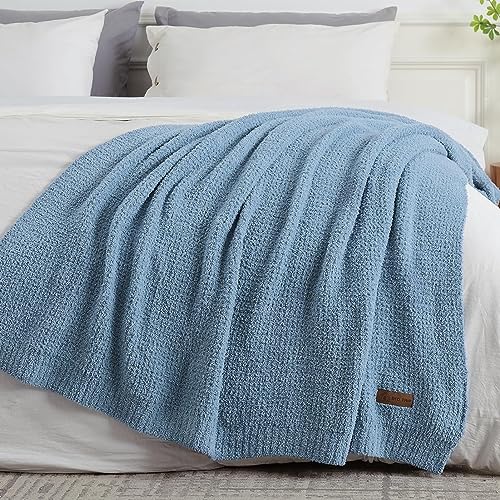 Image of BED TRIP Plush Blue Throw Blanket for Couch, Lightweight Soft Knitted Chenille Throw Blanket with Fuzzy Texture and Ribbed Trim Design, Decorative Luxury Fluffy Fall Blanket , Throw-50''*60''