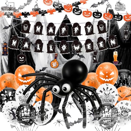 Halloween Deko Set Innen & Außen – Komplettes Party Set mit XXL Spinnennetz, Spinnen, 3D-Fledermäusen, 18 Ballons, Banner & Girlande, Halloween Dekoration für Haus, Garten & Party