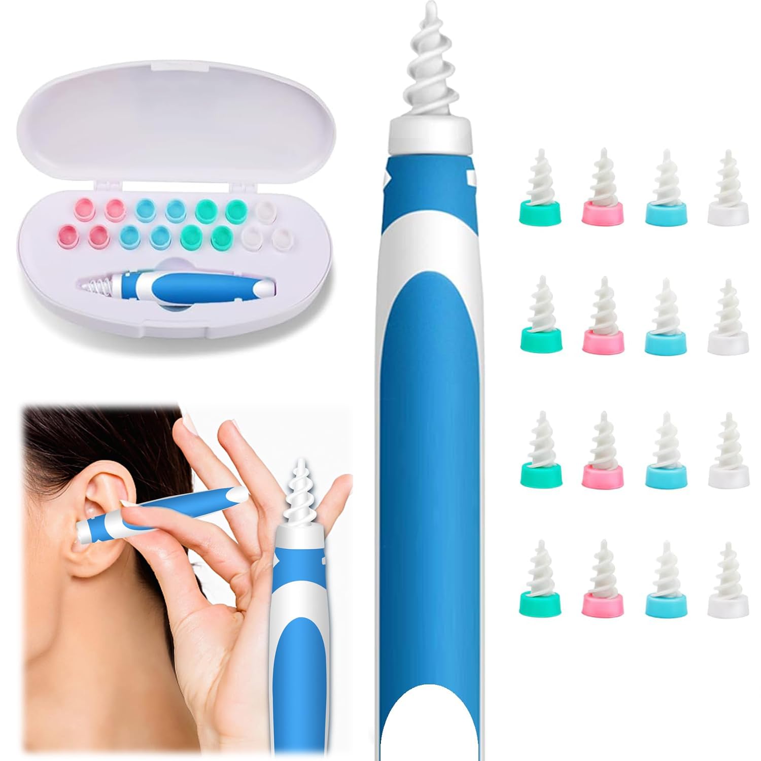 ELECDON Silicone Ear Wax Removal Tool, Safe Spiral Ear Cleaner Kit with 15 Replacement Tips, Reusable Ear Picker for Adults and Kids, Gentle and Effective Ear Cleaning