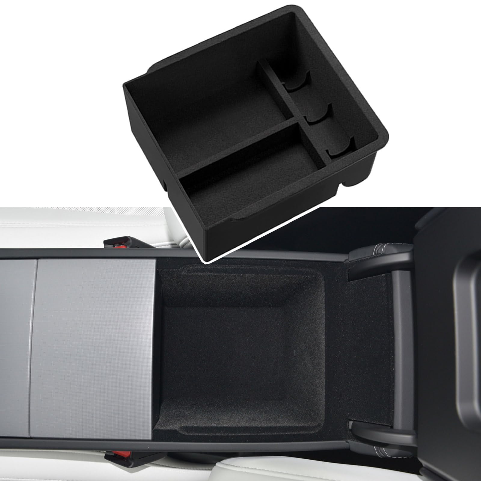 MIEBA Zubehör für Tesla Model 3 Highland 2024 2025 Model Y Juniper Mittelkonsole Organizer-Ablage, für Tesla Model 3 Highland 2024 2025 Model Y Juniper Stauraum, innen beflockt, Box unter der Armlehne