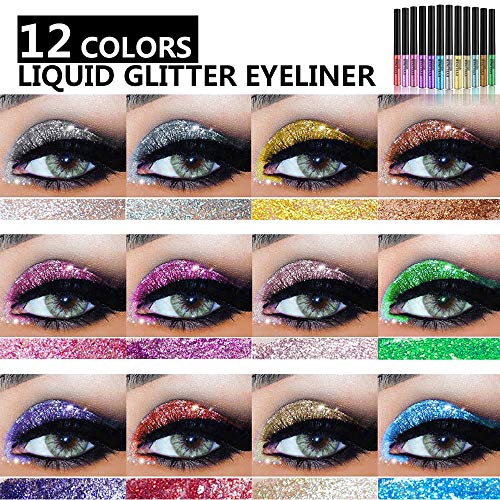 Glitter Liquid Eyeliner Hisight 12 Colors Waterproof Shimmer Metallic Colorful Eyeliners, High Pigmented Bright Silver Gold Green Eye Liner Pen Set (12 PCS) - Thumbnail 3