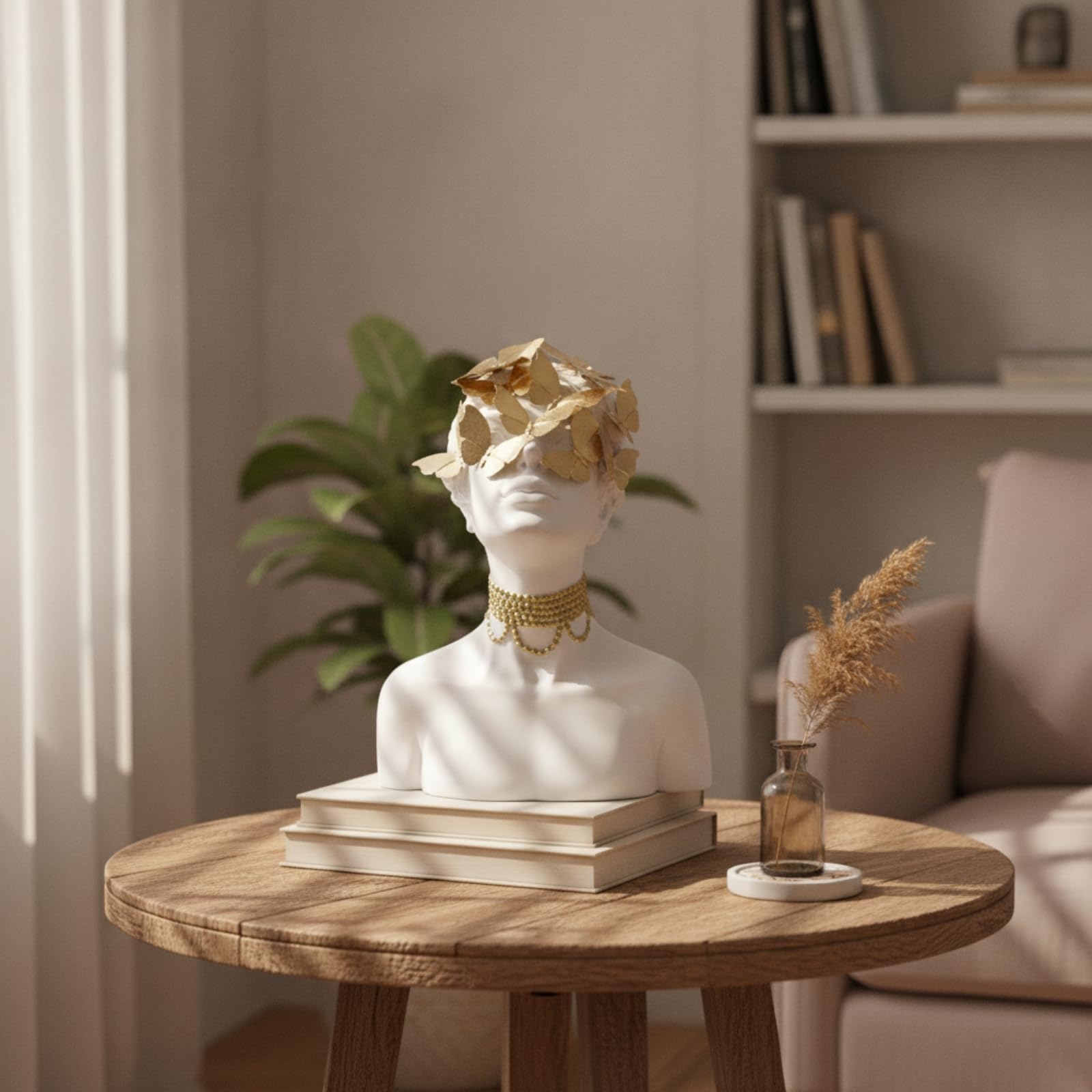 Figurilla de Resina Ornamento Moderno Busto Femenino Estatua Decorativa Escultura de Mesa con Mariposas y Collar Decorativo Adecuada para Sala de