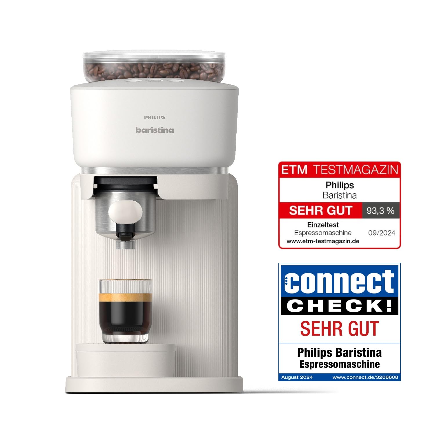 Philips Baristina Espressomaschine und Milchaufschäumer Paket –Automatisches Mahlen, Tampen & Brühen, 16 Bar, Kaffeemaschine mit Mahlwerk & Siebträger, leichte Reinigung, Naturweiß (BAR308/00)