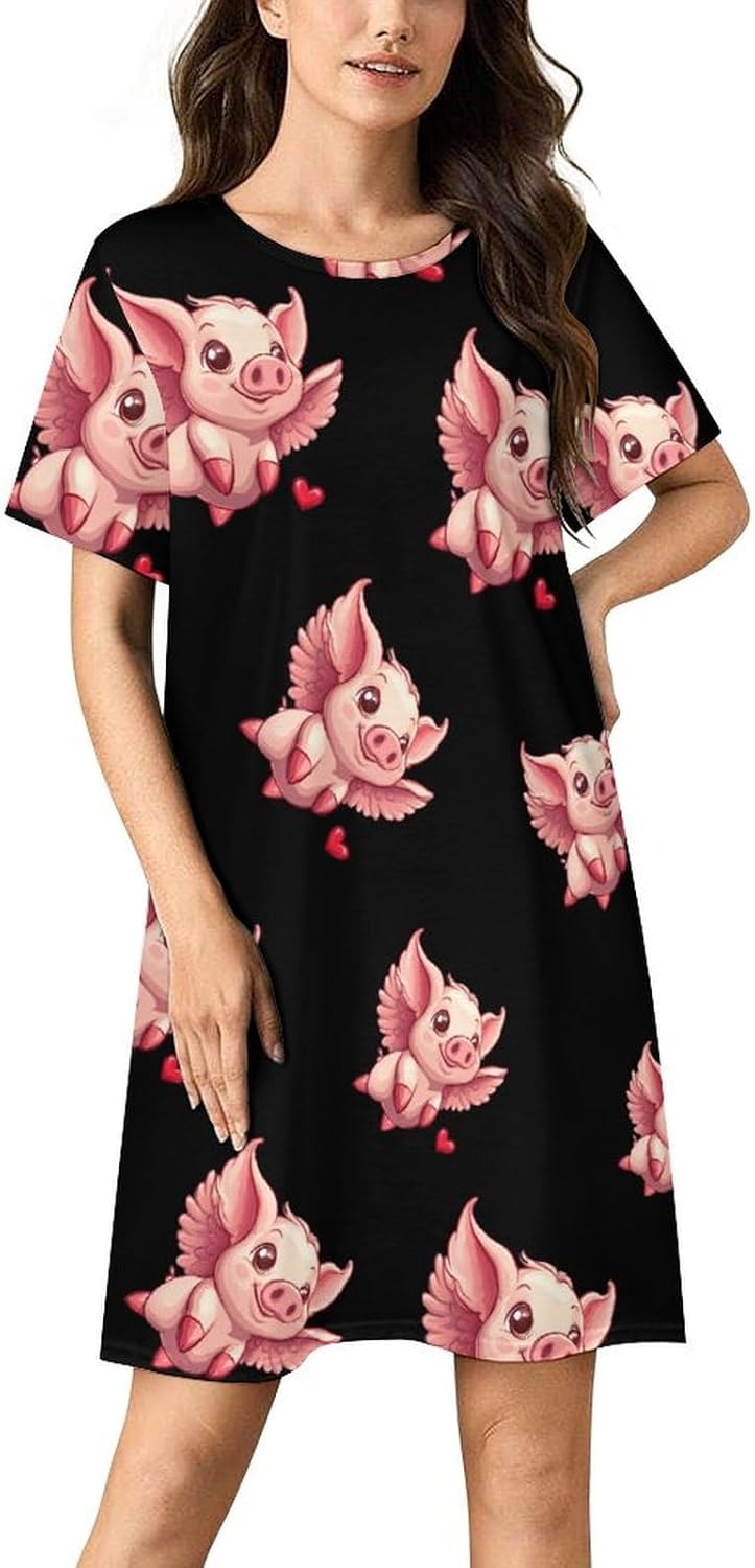 Funny Flying Pigs With Wings Womens Nightgown Short Sleeve Sleepshirts Loungewear