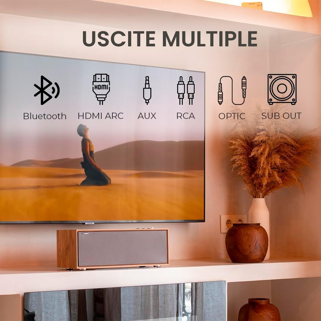 VULKKANO T50 ARC Cassa Amplificata con 50W di Potenza, Woofer da 4" a Doppio Tubo, Bluetooth 5.0, HDMI ARC, Optica, RCA, USB, Telecomando Altoparlante da tavolo, TV o Scaffale, Colore Brown