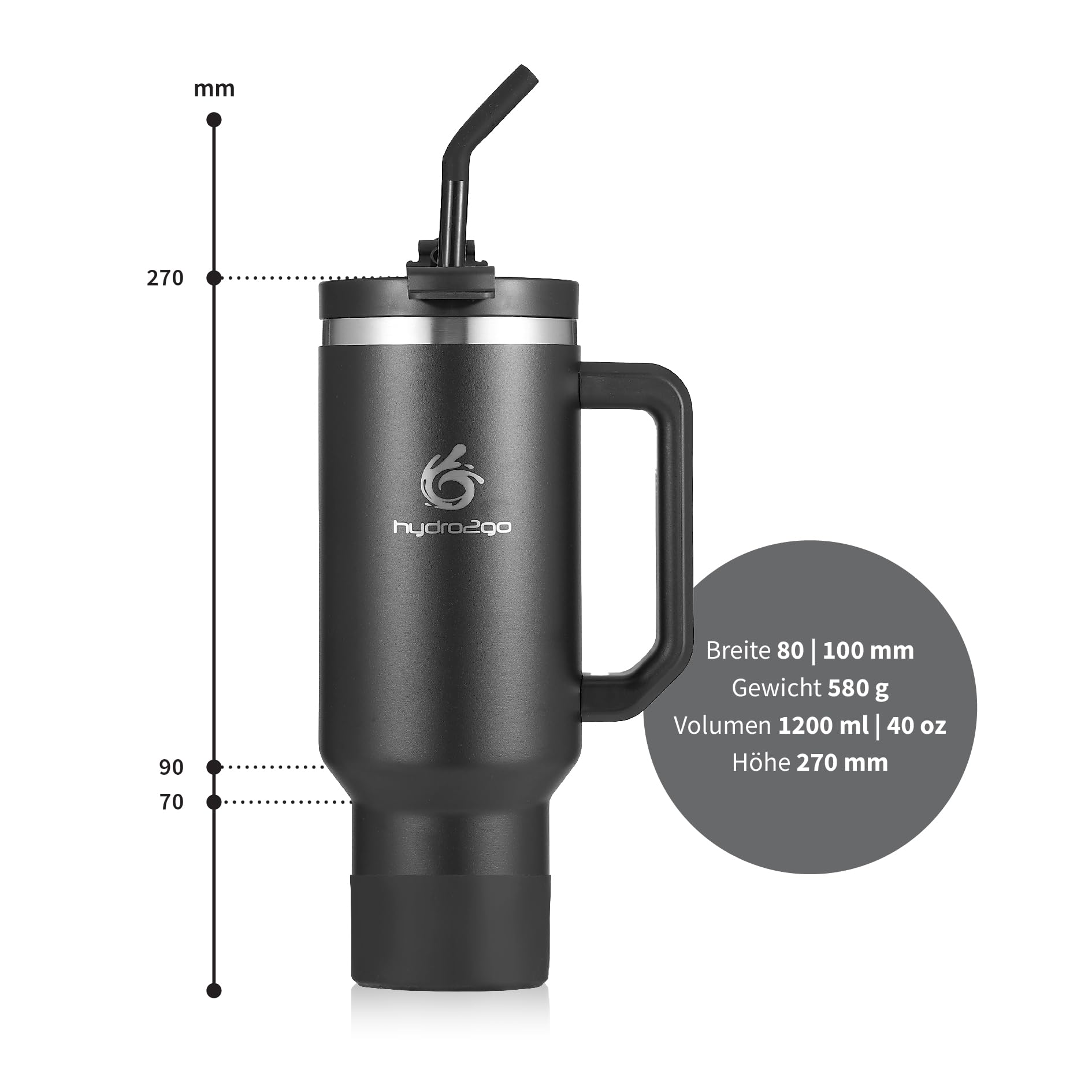 Thermobecher 1180ml mit Namensgravur – Personalisierter 40oz Edelstahlbecher mit Henkel, Deckel & Strohhalm – Hält 10h heiß & 12h kalt, BPA-frei, auslaufsicher (Black + Gravur)