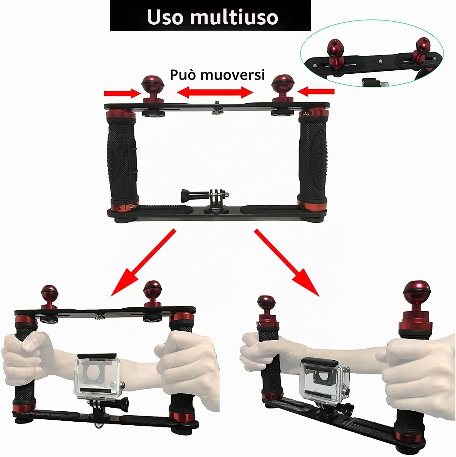 Supporto per stabilizzatore subacqueo in lega di alluminio, supporto per luce video, luce subacquea, supporto con due maniglie a sfera da 2,5 cm per action cam e qualsiasi altra fotocamera con foro