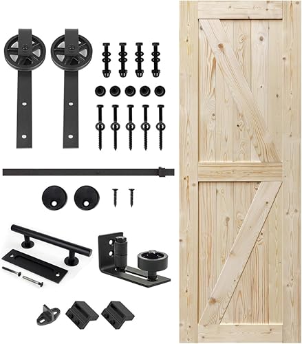 Miniatura 32 de S&Z TOPHAND 48" x 80", Puerta estilo granero British Brace de madera nudosa, sin terminar, con kit de herrajes para puerta corredera de 8', madera
