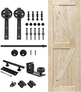 S&Z TOPHAND 32 in. x 84 in. Unfinished British Brace Knotty Barn Door with 6.6FT Sliding Hardware Kit/Solid Wood/Double Surfaces/A Simple Assembly is Required