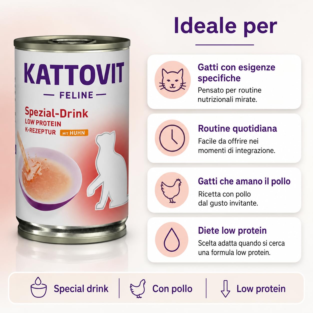 Kattovit Renal Drink Pollo per Gatti Adulti 12 x 135 ml, Bevanda Complementare con Succo di Carne e Filetto di Petto di Pollo, Supporto Liquidi e Benessere Renale