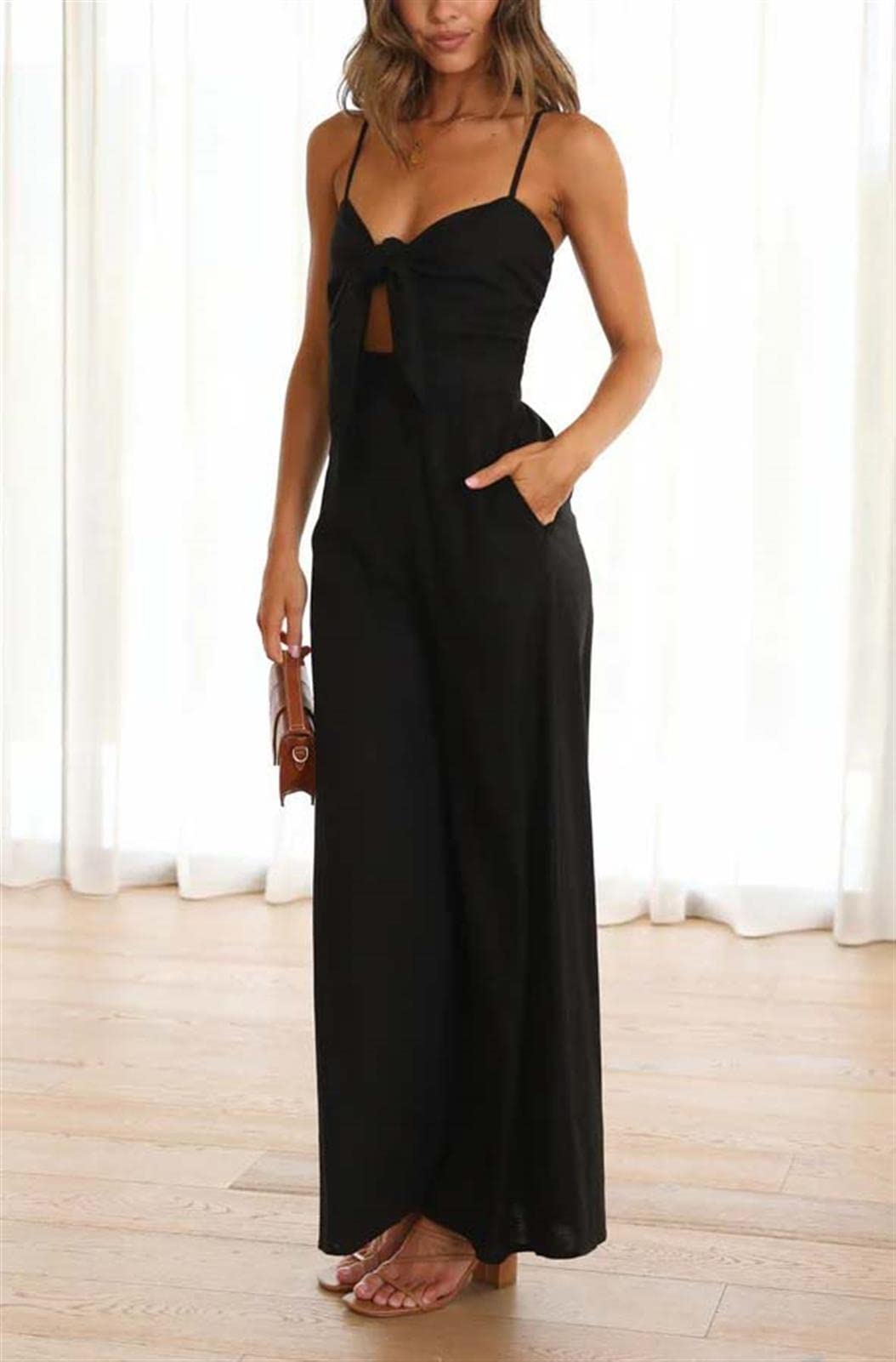 Damen Sommer Casual Weit Bein Jumpsuits Falten Hohe Taille verstellbare Träger Strampler