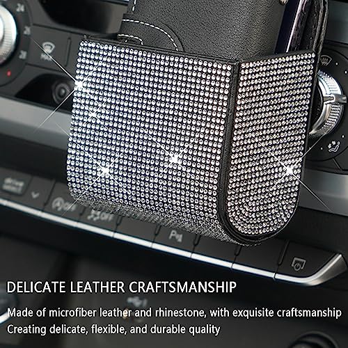 Image of Salior Rhinestone Vent Storage Organizer, Leather Pocket, Bling Accessories for Women or Man, Multipurpose Sunglass and Coin Holder for Car Decorations, Black