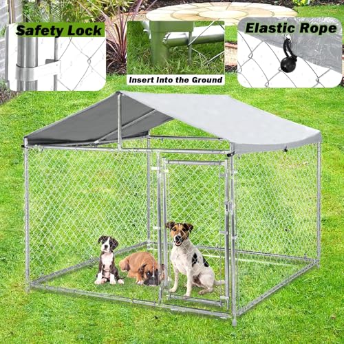 79 Inch Outdoor Dog Kennel for Large Dog, Heavy Duty Galvanized Steel Chain Link Dog Enclosure with Waterproof UV-Resistant Cover, Lockable Door Chain Link Playpen for Rabbits, Chicken(6.6‘ x 6.6’FT)