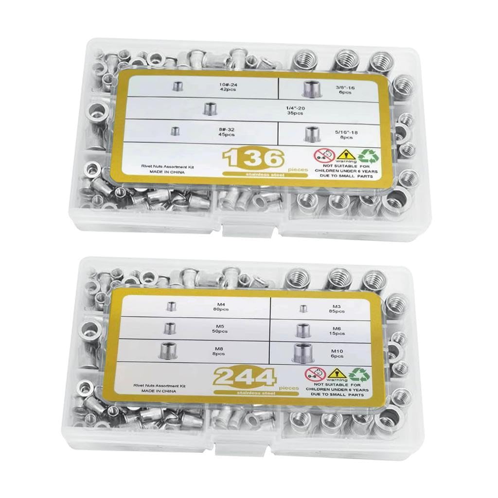 tuerca de remache, Tuercas de inserción roscadas de cabeza plana de acero inoxidable, Tuerca de remache de cabeza plana SAE duradera (plata, 380 piezas)