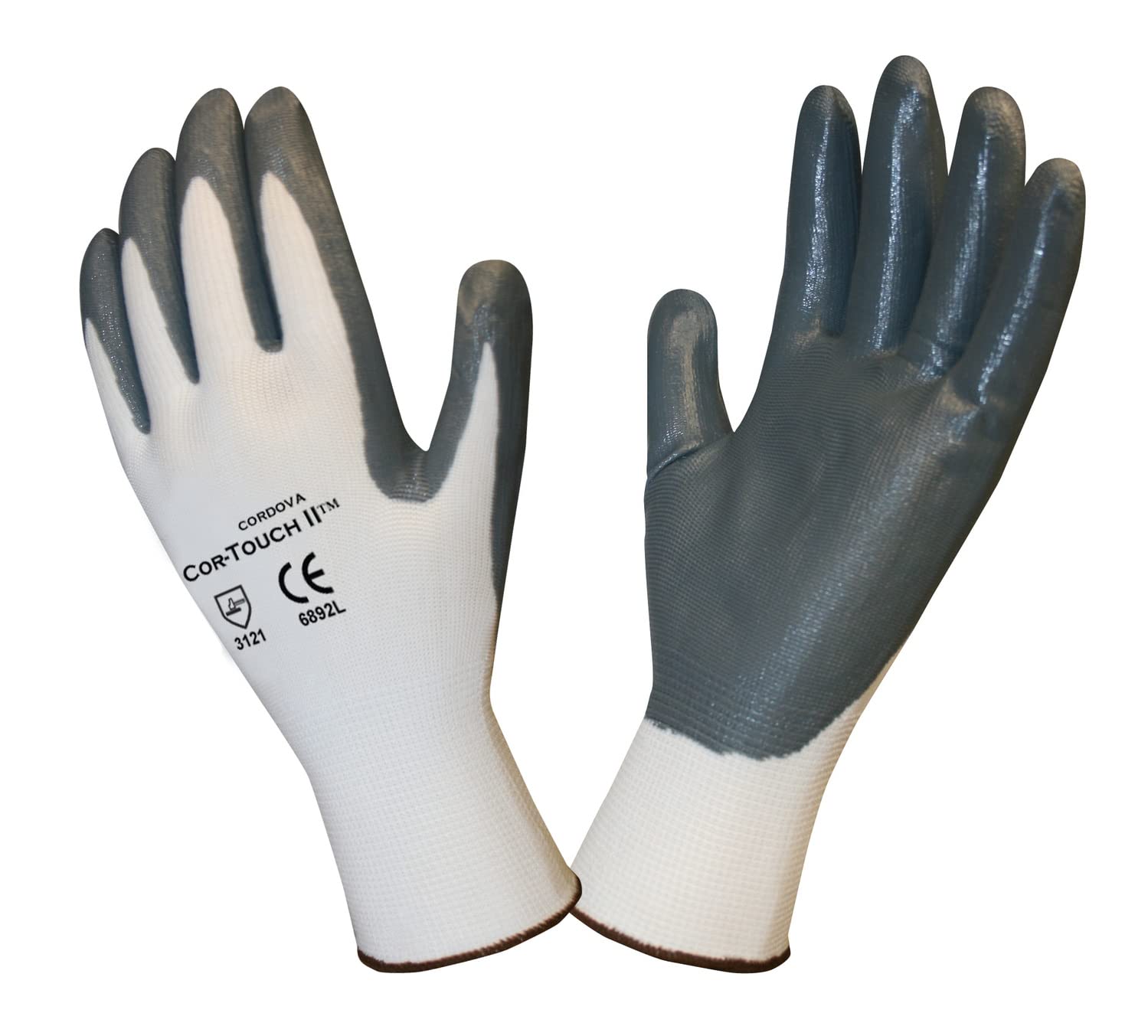 Cordova 6892XL Cor-Touch II 13-Gauge Gloves, White Polyester Shell, Gray Flat Nitrile Palm Coating, X-Large, 12-Pack