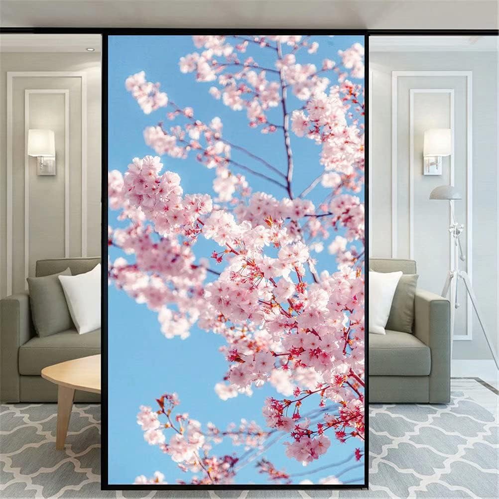 Privacy Window Film Beautiful Pink Flower 72AB Decorative Opaque Non-Adhesive Static Cling Frosted Glass Window Film Window Stickers for Home Office 75x160cm(29.5"x63")