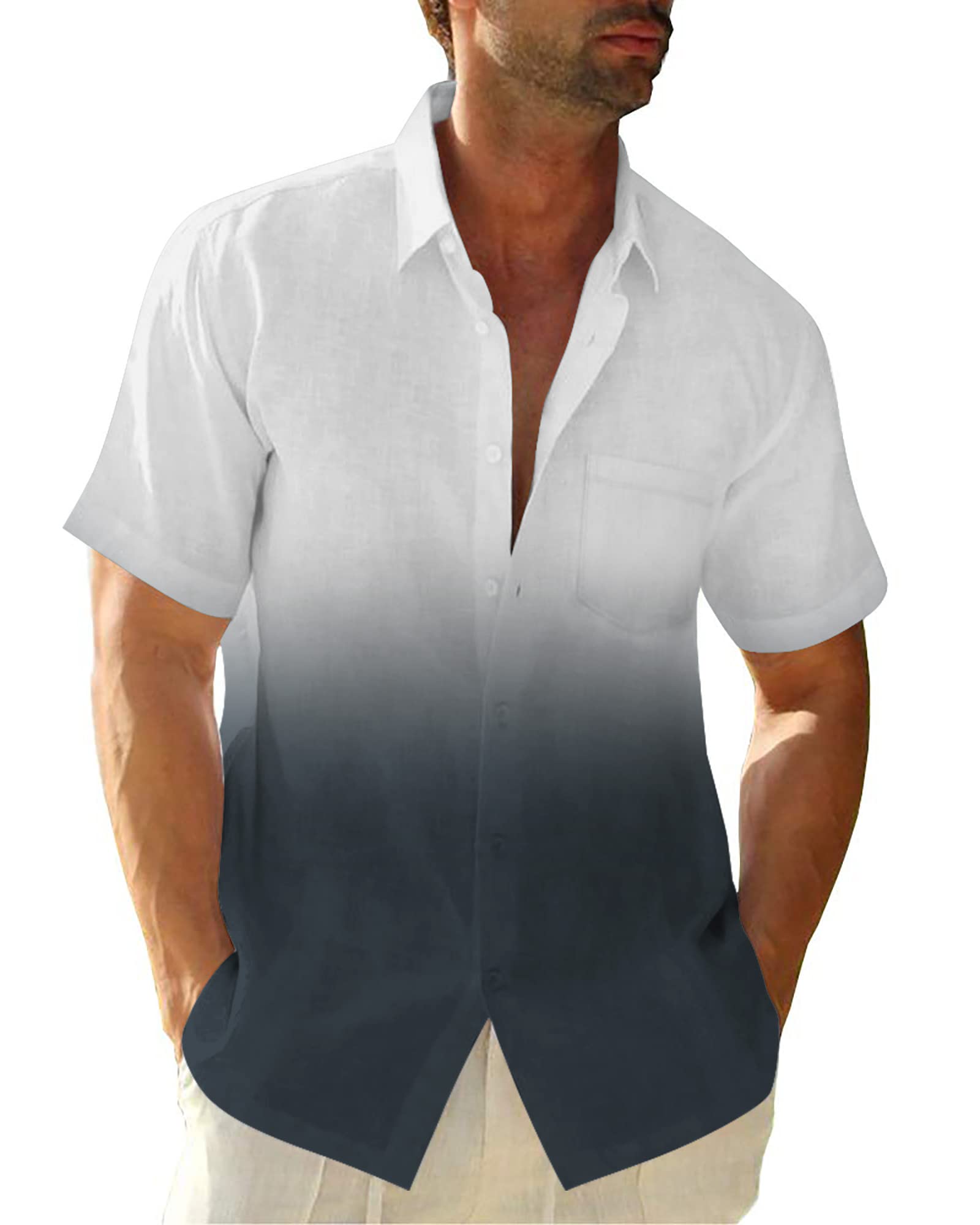 Beotyshow Mens Gradient Linen Shirts Casual Button Down Short Sleeve Beach Summer Shirts