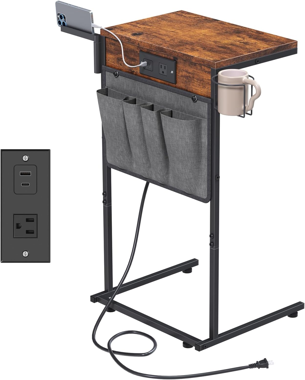 Evermagin C Shaped End Table with Charging Station, Small TV Tray with Cup Holder and Phone Holder, Couch Side Tables that Slide Under with Storage Bag for Sofa, Recliner, Rustic Brown