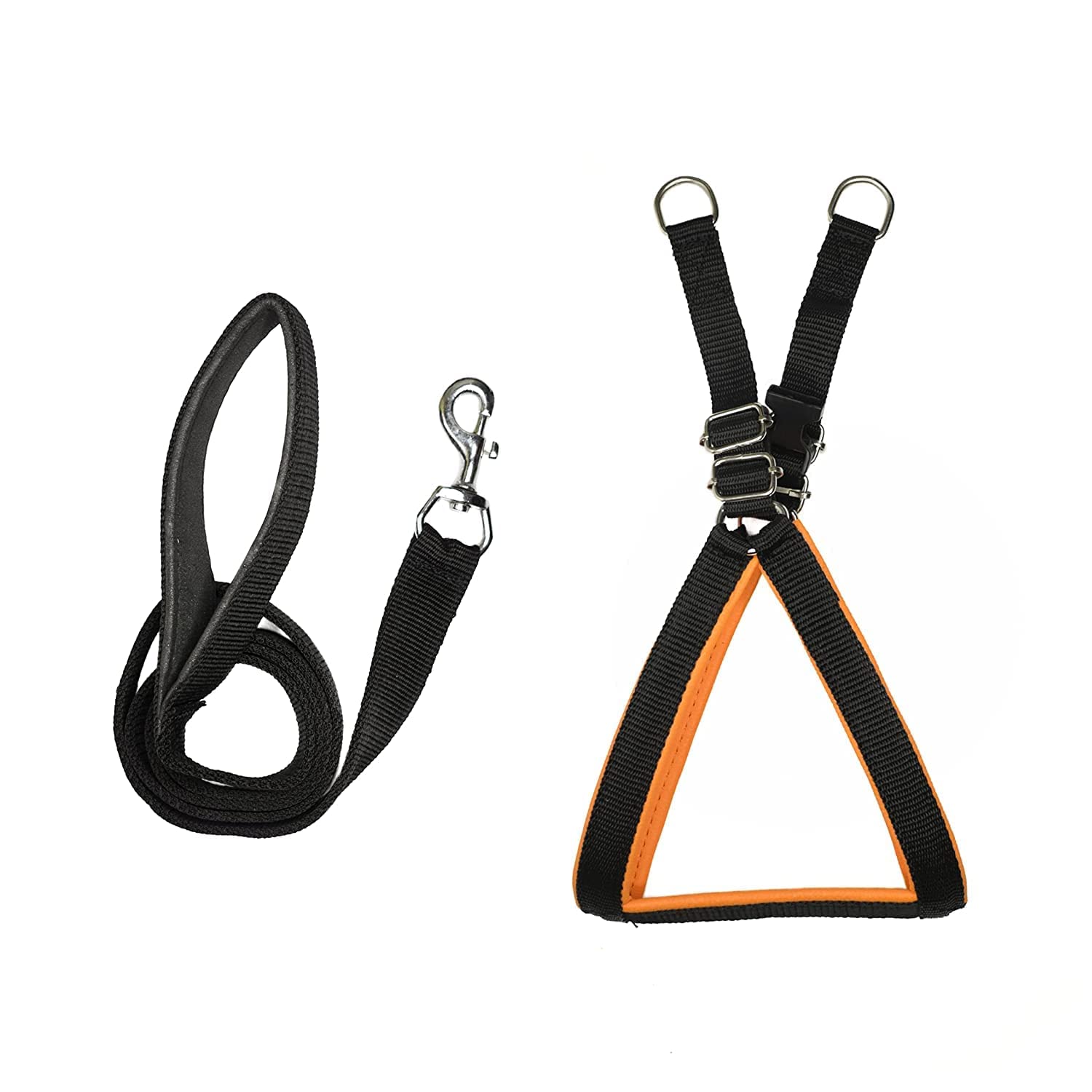 VIPCOLLECTION Pet Nylon Soft Padded Body Reflective Adjustable Breathable Long Set-Leash & Harness Collar For Puppy Outdoor Training And Running Set (Small, Black Orange), Pack of 1
