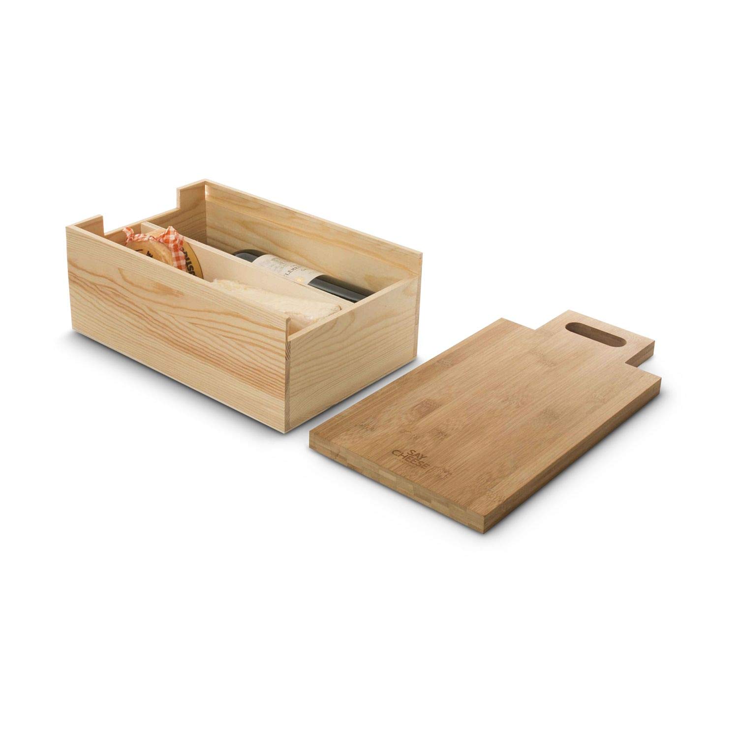 Römer Präsente Geschenkset Say Cheese: 8-teilig; 1 Montepulciano Rotwein, 1 Glas Feigensenf, 1 ROMINOX- Käsemesserblock (magnetisch) mit 4 Besteckteilen in wandelbarer Weinverpackung als Käsebrett