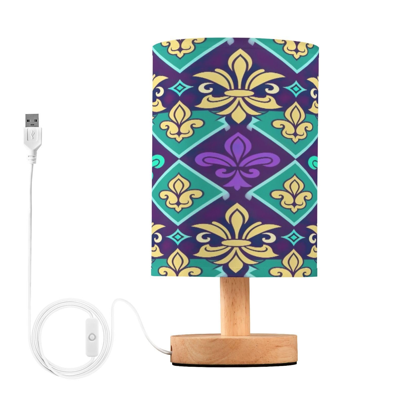 SDMKA Mardi Gras Pattern Bedside Table Lamp for Bedroom, Minimalist Nightstand Lamp with Round Fabric Shade for Living Room, Office, No Bulb Required