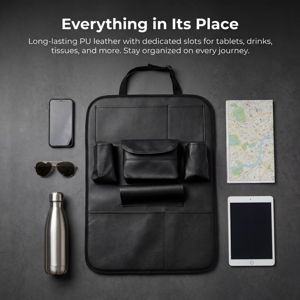 2-pak PU Leather Premium samochodowy organizer na oparcie, akcesoria podróżne, maty do kopania, ochraniacz na tylne siedzenie i uchwyt na kubek, uniwersalne zastosowanie, pokrowce na