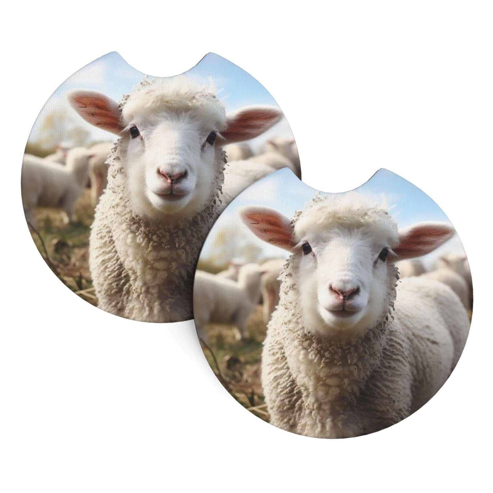 2PCS Car Coaster for Cup Holders Universal Auto Cup Mat Cute Sheep Lamb Cup Coaster Pad 2.7" Waterproof Neoprene Non-Slip Cup Holder Coasters Car Interior Accessories for Women Men