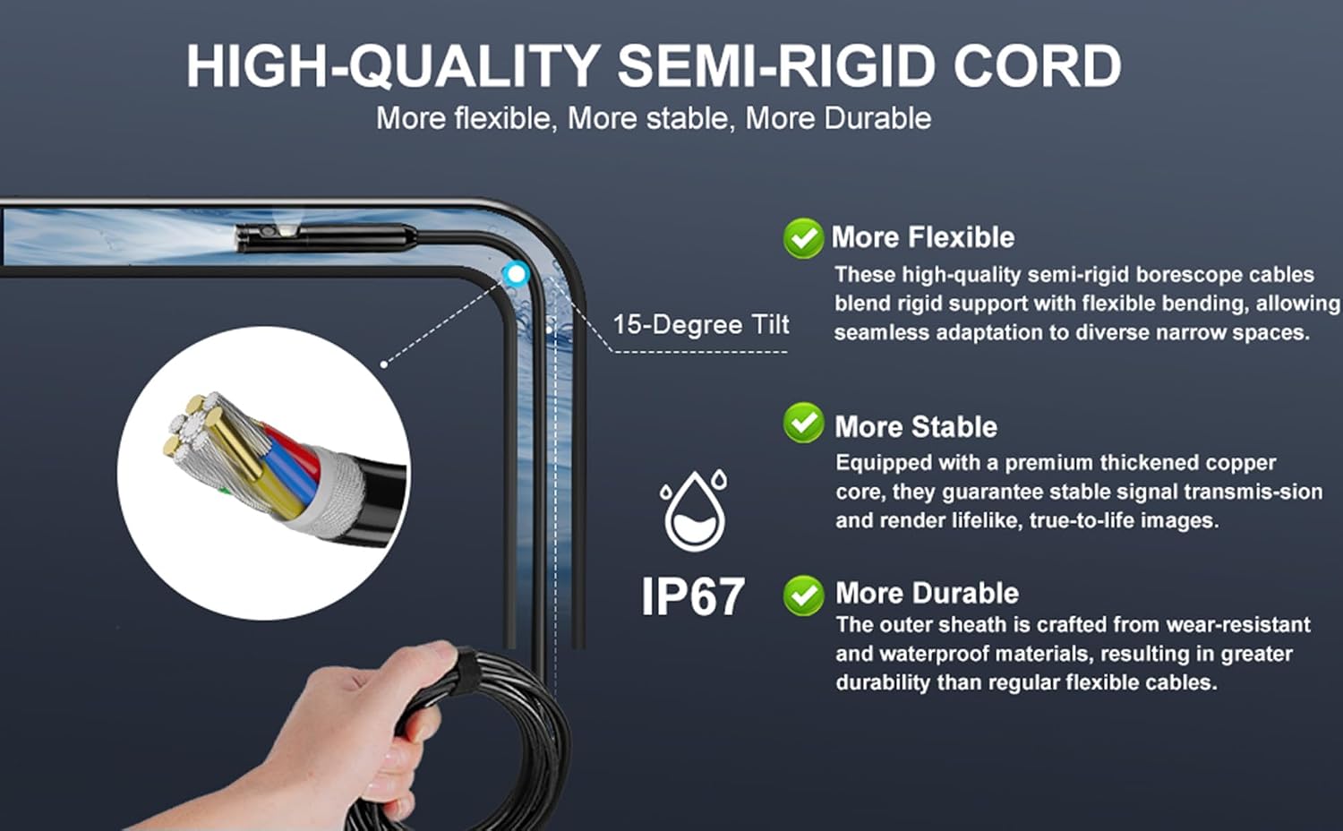 Dual-Lens Endoscope Camera with Light, POLEDY 1920P HD Borescope, 8 Adjustable LED Light, IP67 Waterproof, 16.4ft Snake Camera, Semi-Rigid Cable Inspection for Android, iOS