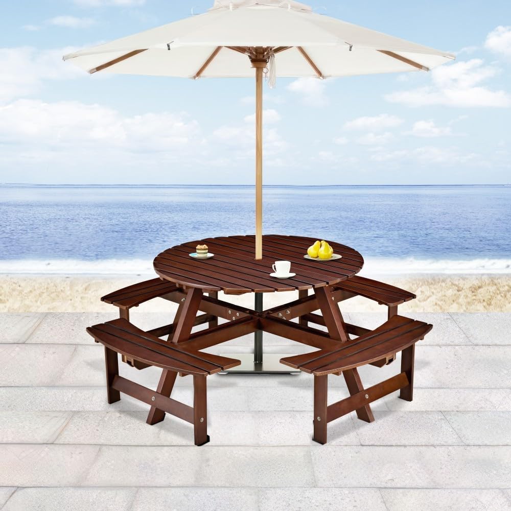Outdoor 8 Person Picnic Table, 8 Person Round Picnic Table with 4 Built-in Benches, Umbrella Hole, Outside Bench Set for Garden, Backyard, Porch, Patio, Brown