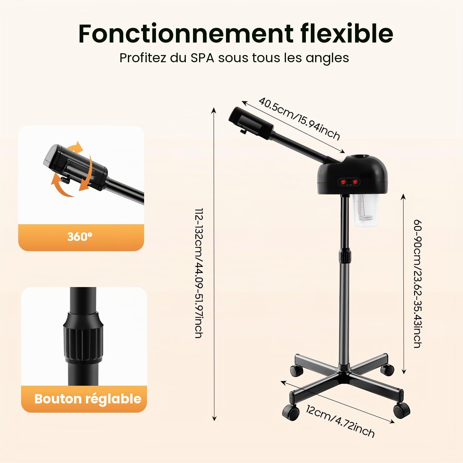 Vaporisateur 2 en 1 pour soin du visage - 800 W - Avec tige rétractable et buse à 360° - Hauteur réglable