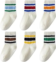 Wamvp Toddler Non-Slip Grip Socks - Unisex Baby Retro Stripe Crew Ankle Cotton Socks, 6 Pairs for Boys Girls 3M-5Y
