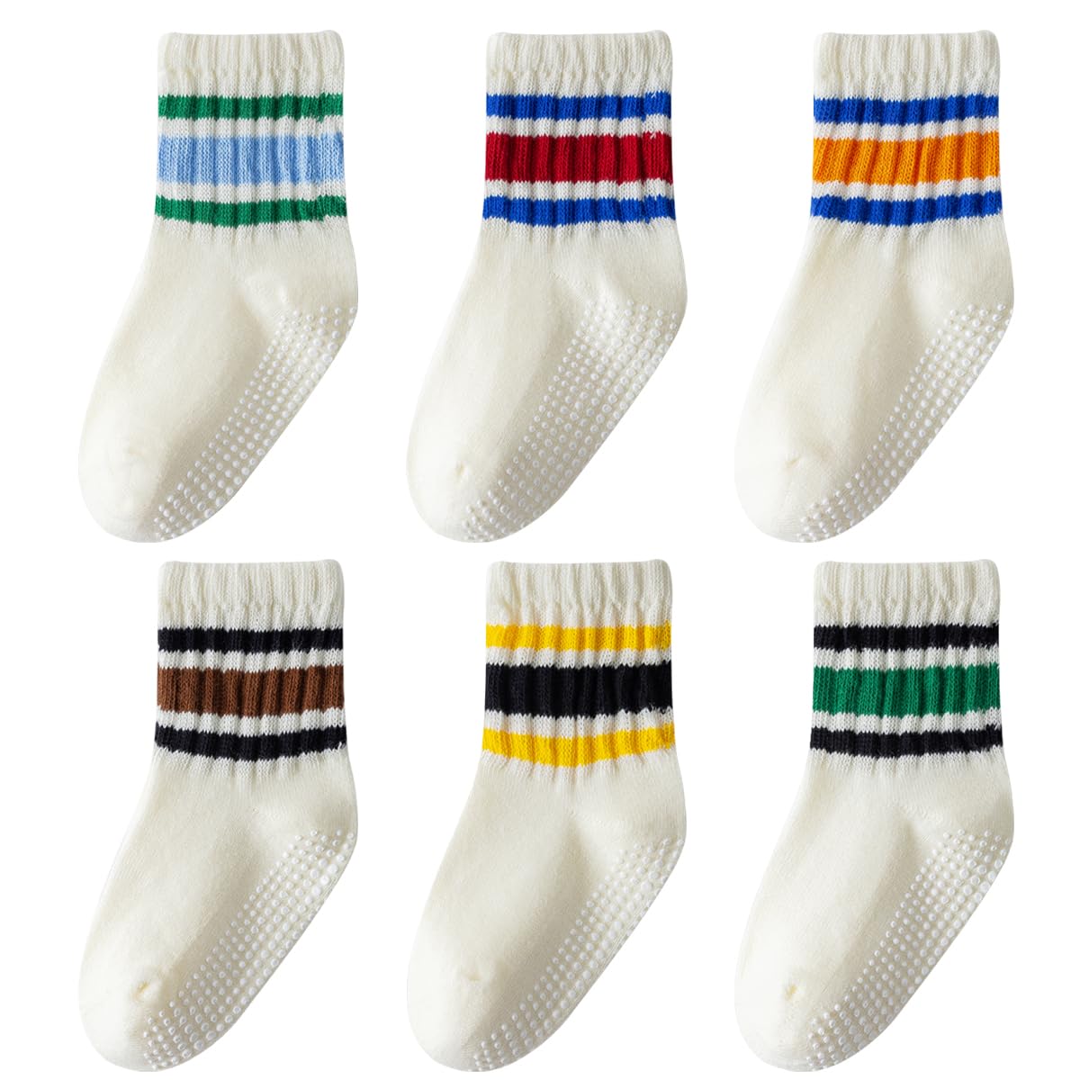 Toddler Grip Socks with Non-Slip, Unisex Baby Retro Stripe Seamless Crew Ankle Cotton Socks for Girls Boys 6 Pairs