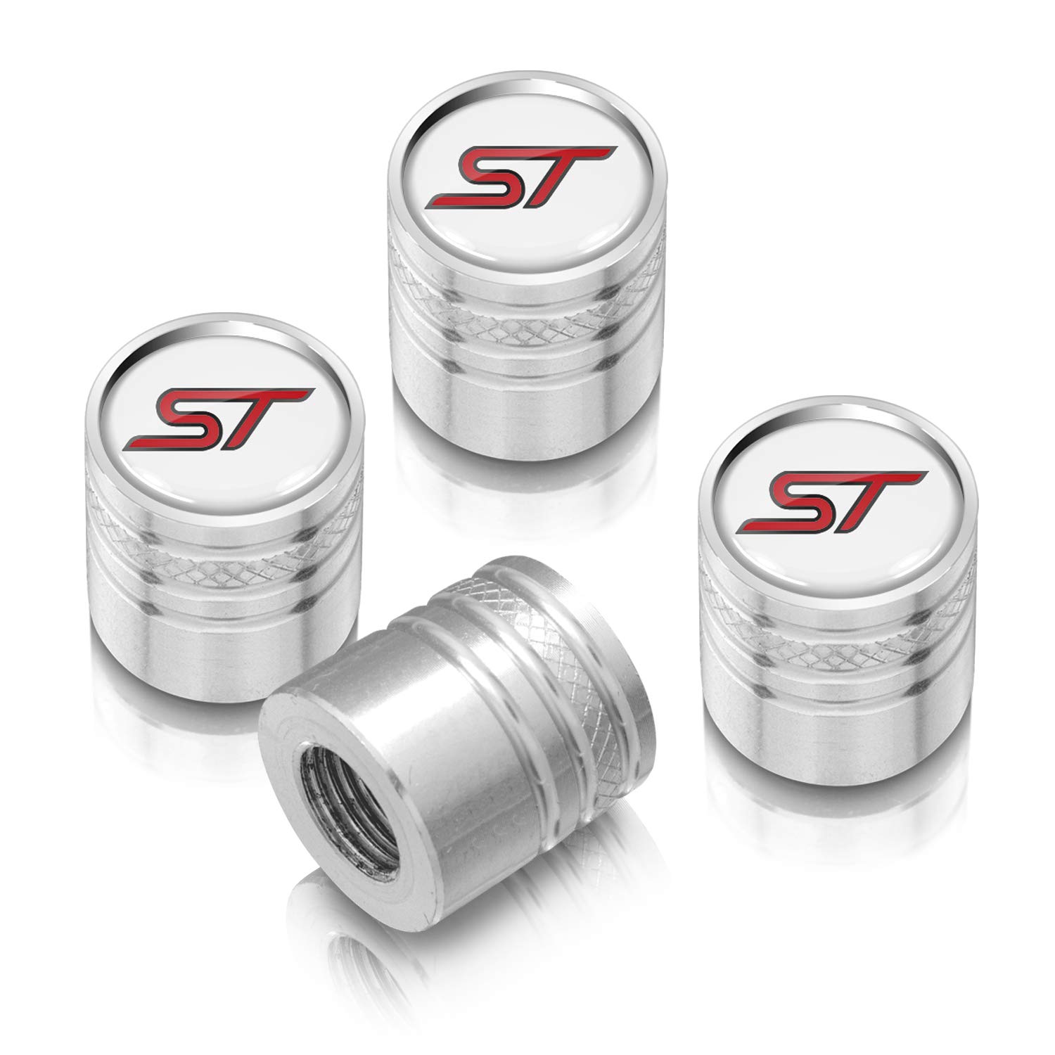 for Ford Focus ST in White on Silver Cylinder-Style Aluminum Tire Valve Stem Caps - Offic…
