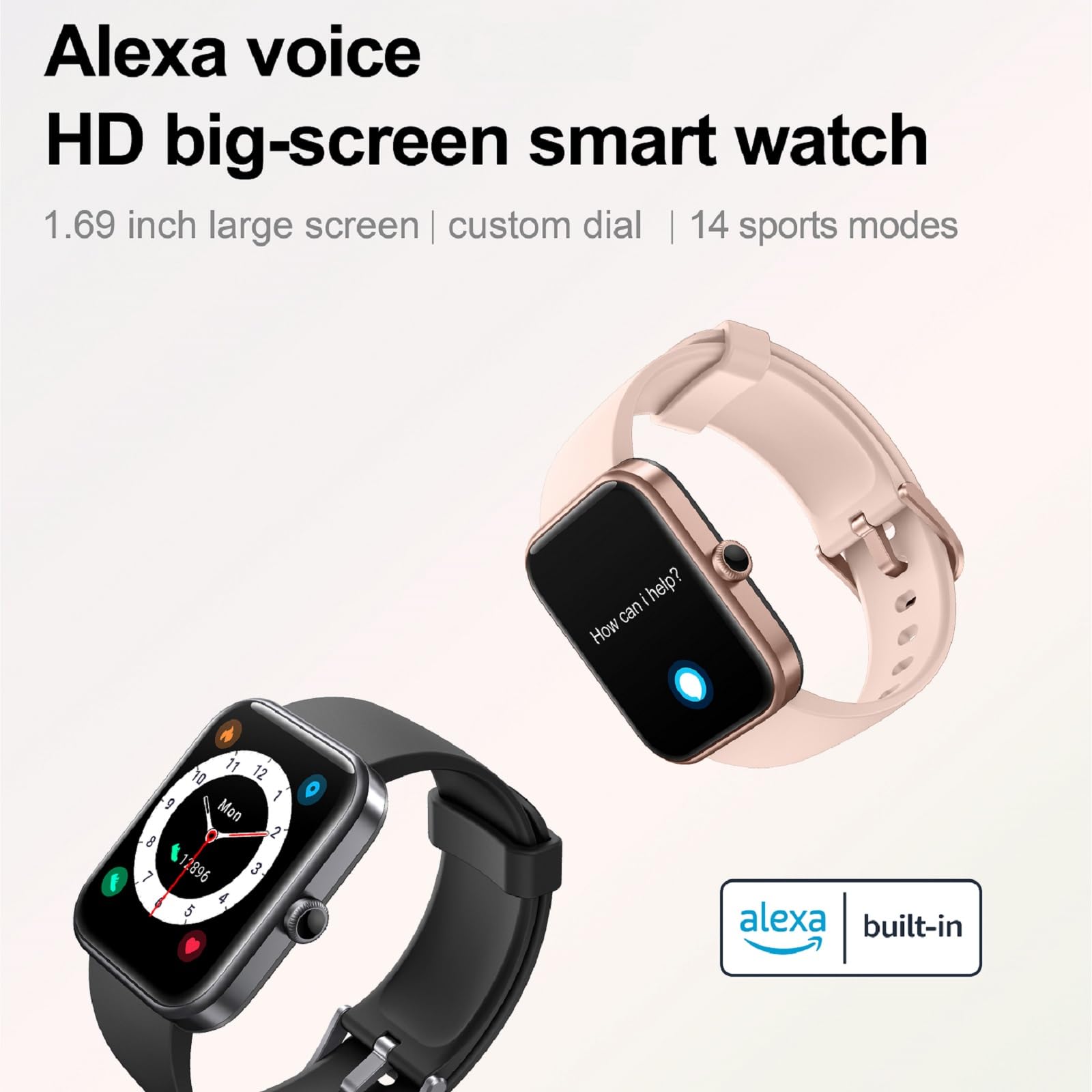 Vowtop Smartwatch per Uomo e Donna 1.69'' con Alexa, Monitoraggio Ossigeno, Frequenza Cardiaca, Sonno, Fitness, Notifiche. 14 Modalità Sportive.‎Compatibile con Android iOS