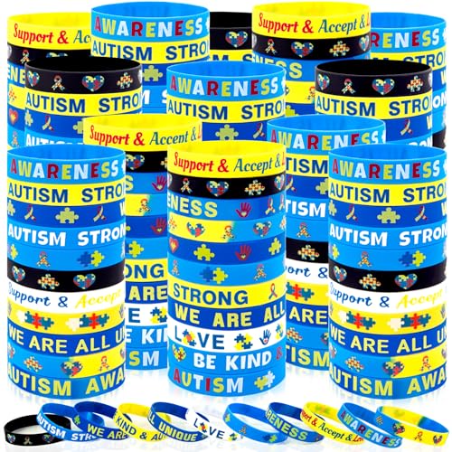 Moon Boat 144PCS Autism Awareness Silicone Bracelets Bulk Colorful Puzzle Wristbands for Schools Fundraisers Community Events Team Support Gifts