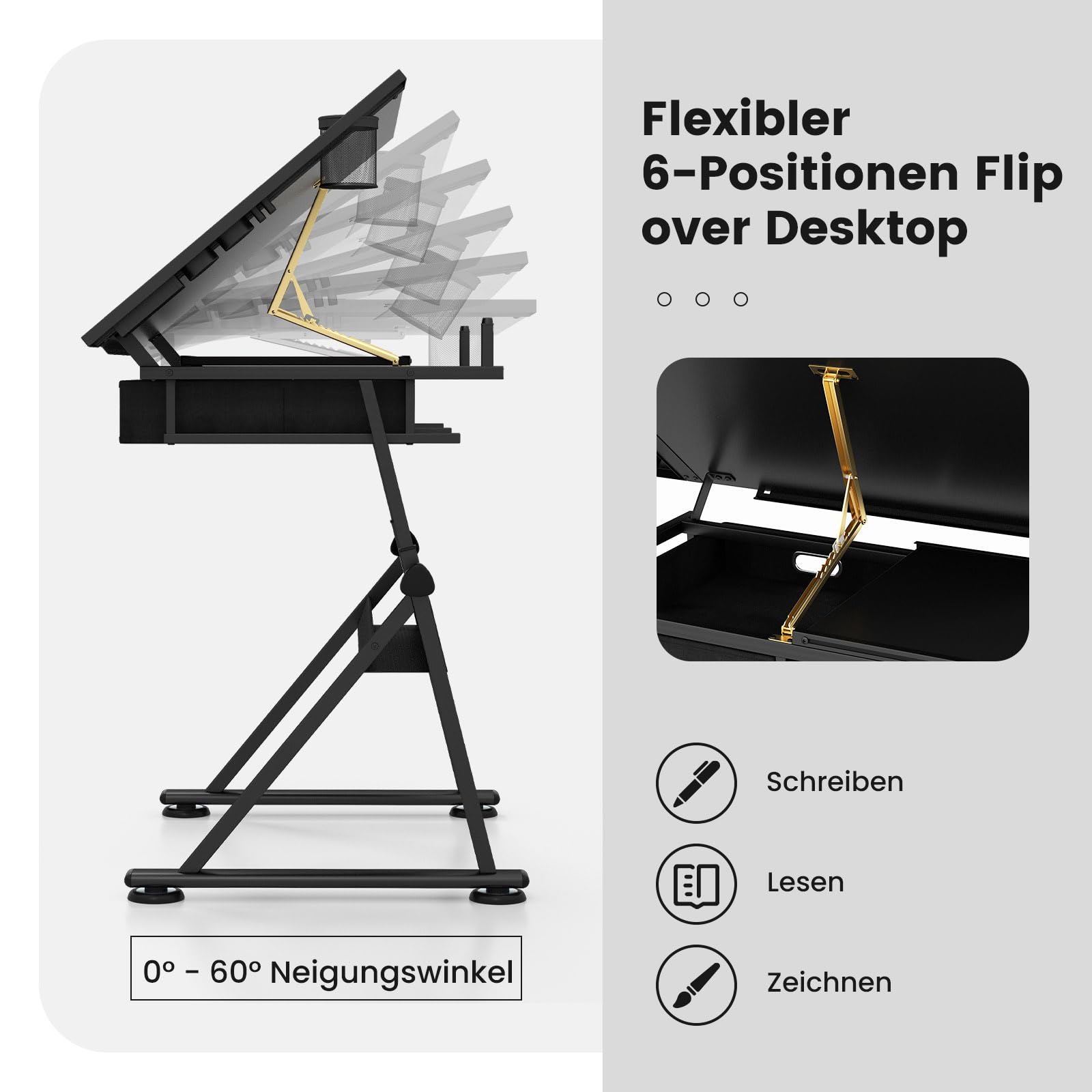 COSTWAY Zeichentisch mit Hocker, Architektentisch höhenverstellbar, Schreibtisch mit neigbarer Tischplatte, Schülerschreibtisch mit 2 Schubladen, Arbeitstisch für Architekt & Künstler (Schwarz)