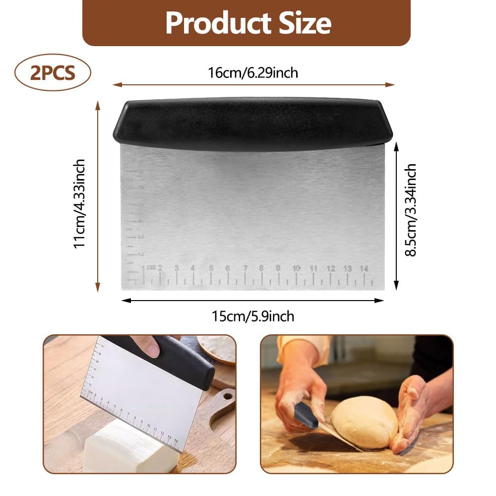 2 Pieces Dough Scraper,Stainless Steel Baking Dough Cutter,Pastry Scraper with Handle and Measuring Scales,Bench Scraper Kitchen,Pastry Scraper for Home Kitchens Restaurants and Baking Enthusiasts - Image 2