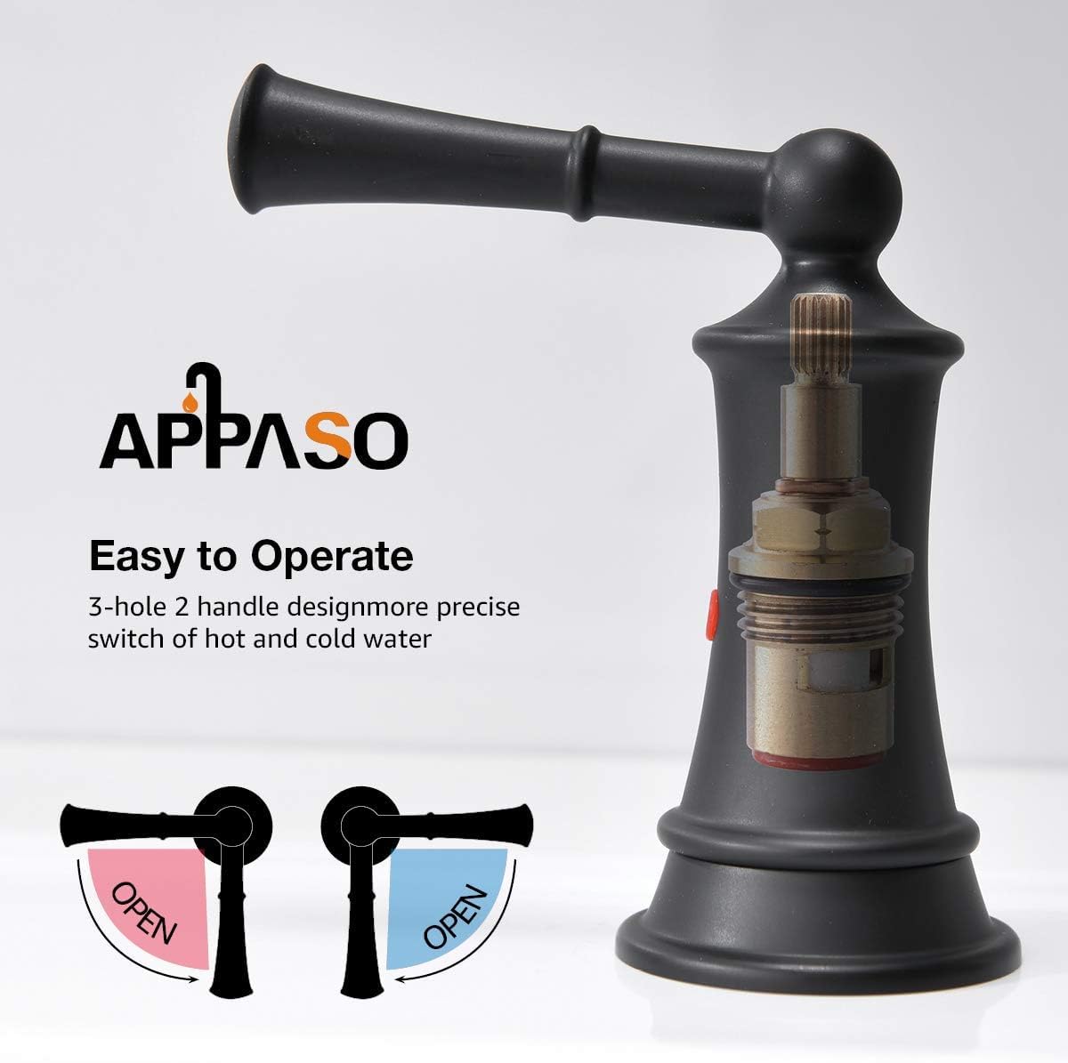 APPASO 3 Hole Bathroom Faucet Black, 2-Handle with Pop Up Drain Assembly, 3-Hole Widespread Modern Vanity Faucet with Separate Handles for Bathroom Laundry Lavatory Vessel, Matte Black