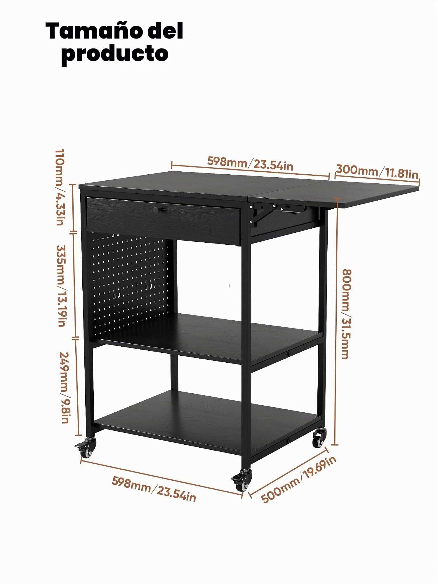 Mesa de impresora 3D móvil de 3 niveles con estante de almacenamiento y cajón, organizador de escritorio multiusos, carrito de impresora rodante para oficina y hogar (90 cm x 50 cm x 80 cm)