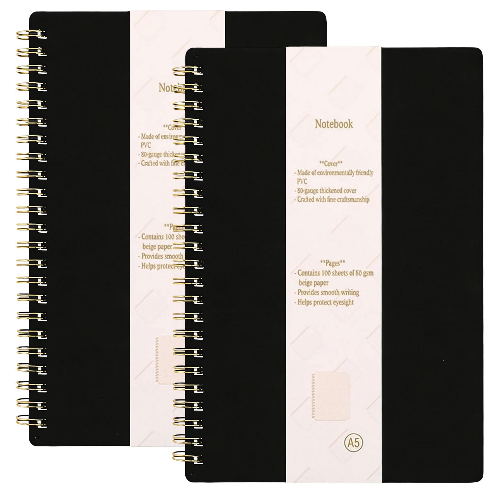 twirush 2 PCS A5 Lined Notebook, Hardcover Spiral Notebook, 100 gsm Thick Paper, Total 200 Sheets/400 Pages, A5 Black Notepad for Office, School, Home