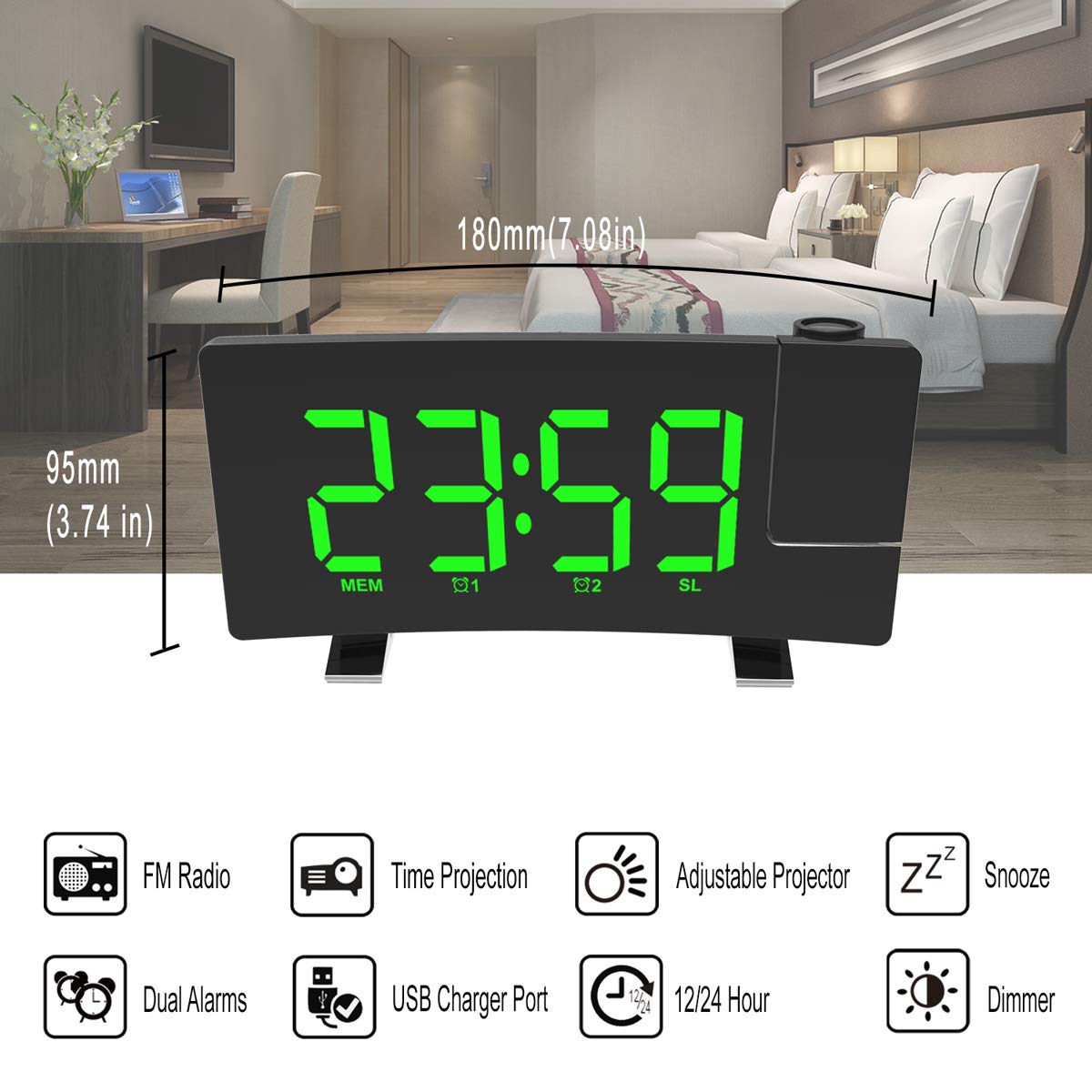 Projection Ceiling Wall Clock Digital Projector Radio Alarm Clock FM Radio Clock 7.1" Wide