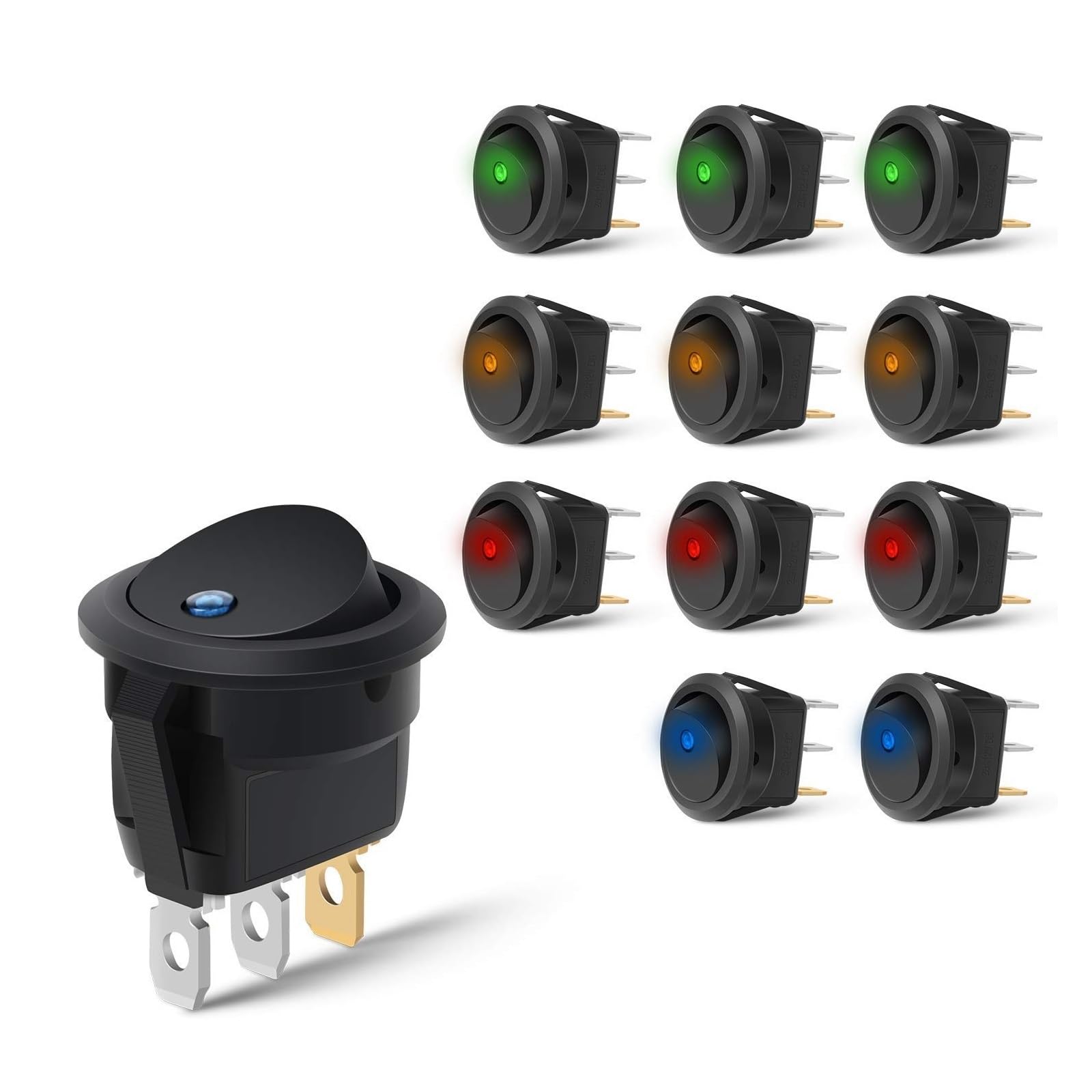 12 Stück Wippschalter Kippschalter 12 V SPST 3 Pins 2 Positionen EIN/Aus Blaulicht beleuchteter Bootsschalter
