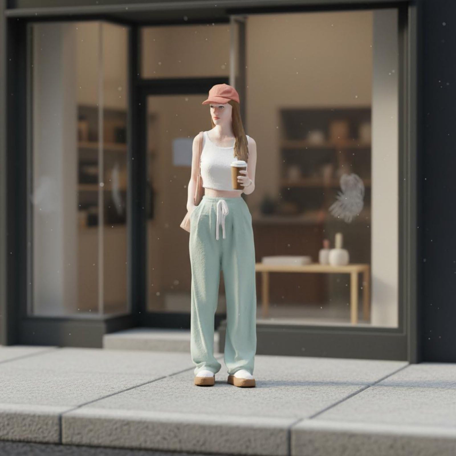Miniatura Dipinta Figura Collezione Personaggio Femminile Statuina Resina Finitura Realistica Abbigliamento Casual con Tazza Adatta a Diorami, Moderna, Realistica, Miniatura-A