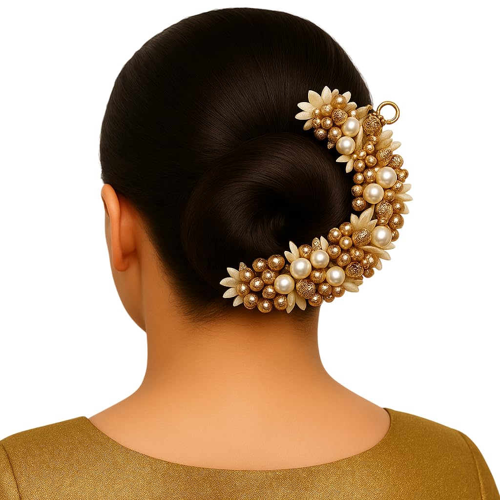 Elegant Pearl and Gold Hair Accessory, Crescent Bun Wrap, Traditional Wedding Hair Jewellery, Fancy Stylish Juda, Groom Wedding & Partys, Bridal Brooch & Braid For Hairstyle & Decoration, For Women and Girls