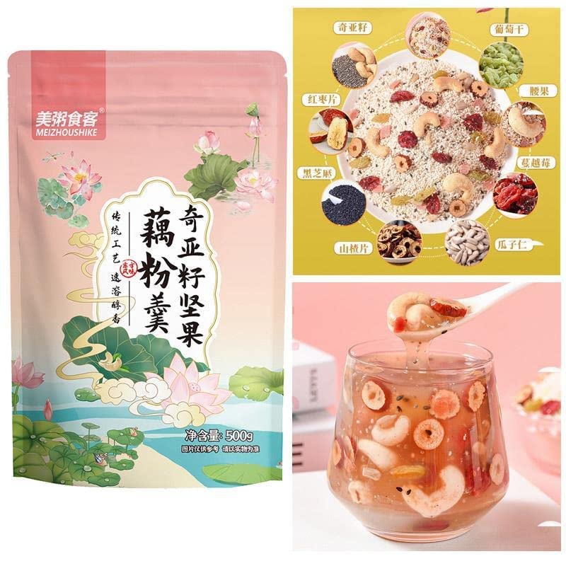 Tremella Instant Lotus Root Starch Soup,nut and Lotus Root Powder Corn paste, purple potato porridge, breakfast Meal substitute powder 500g / can (Chia seed Nut lotus root starch,1 pcs)