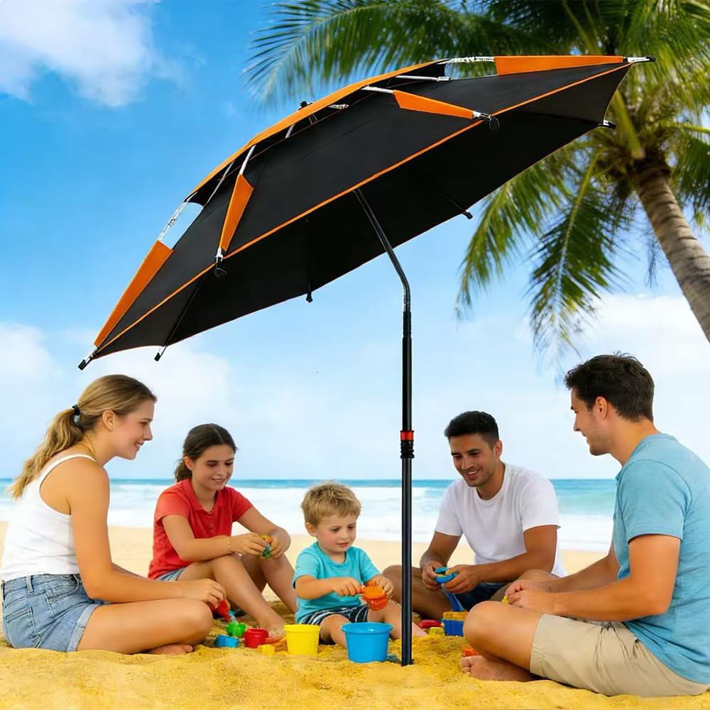 TUIBEIDAMAI Parasol de Plage Ø 160cm avec Manchon de Sol, Pivotant à 360°, Parasol de Plage Pliable avec Sac de Transport, Coupe-Vent, Stable, Protection Solaire UV 50, pour Balcon, Jardin, Terrasse
