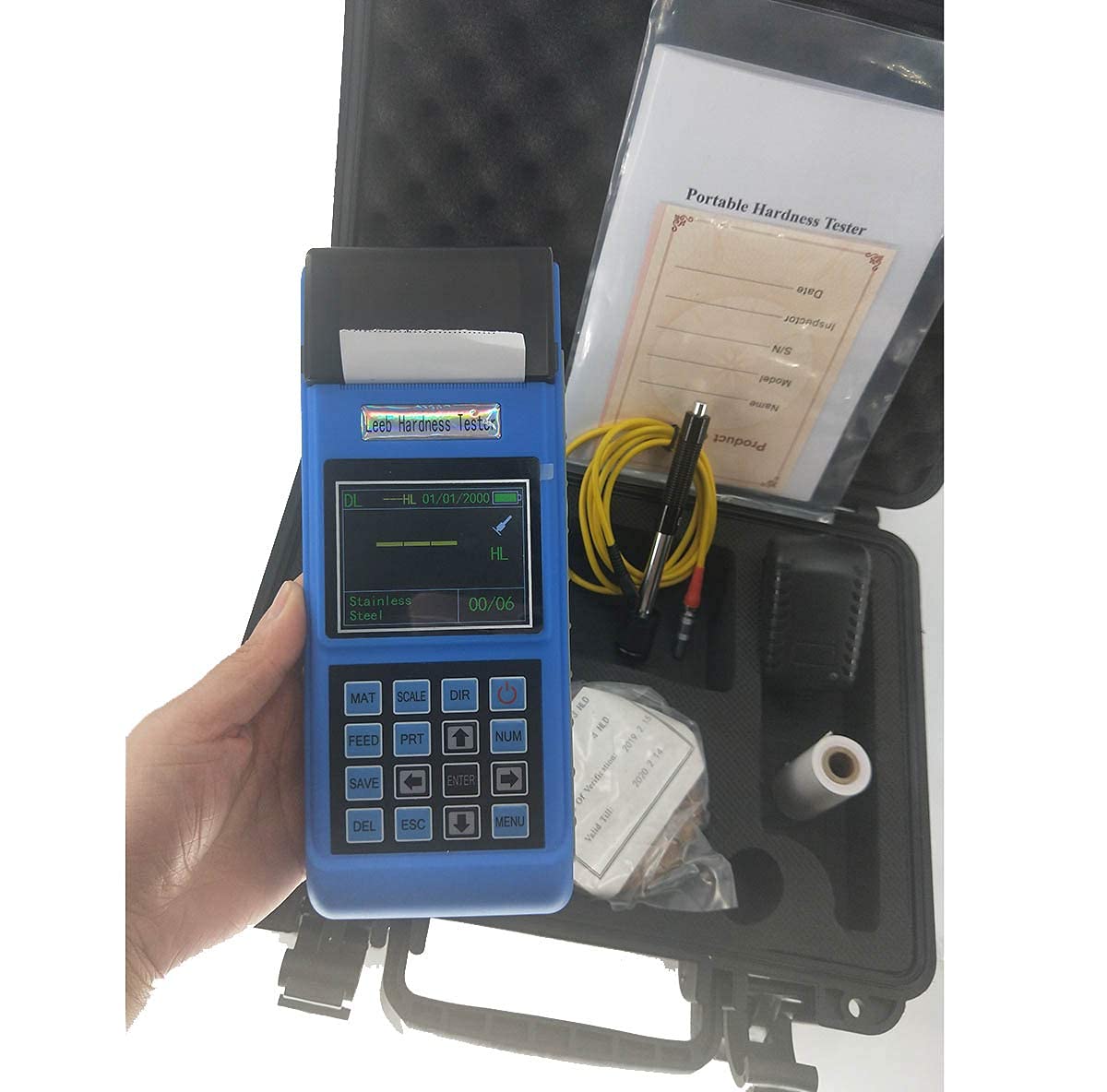 Digital Handheld Leeb Metal Hardness Tester Meter Testing Equipment Machines for Test Iron Steel Brass Copper Alloy with Built-in Thermal Printer with LCD Display Multiple HLD Range 170 to 960